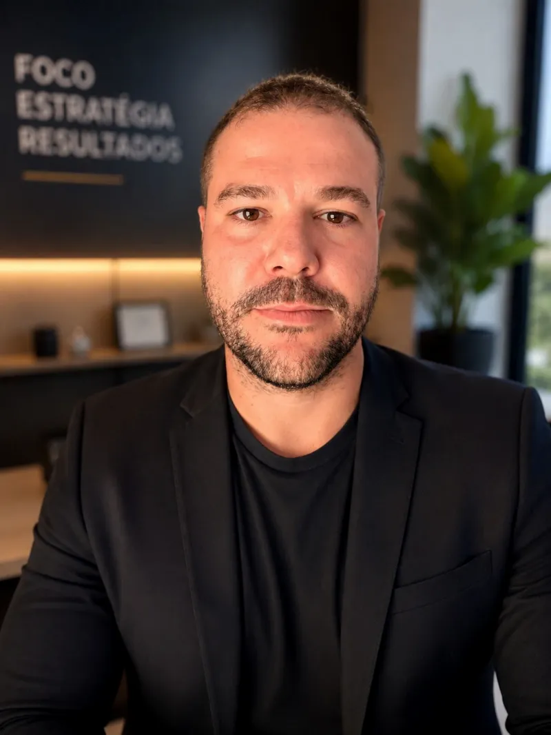 Bruno, um homem branco, barba rala e corte de cabelo baixo em tons escuros. Vestindo uma camisa e blazer preto